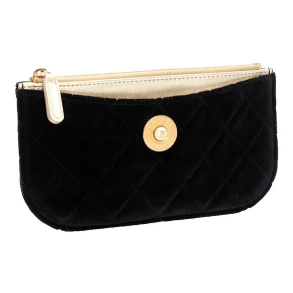 CHANEL Black Velvet Quilted Small CC Zip Pouch Case Clutch Wallet Bag w Card - Picture 5 of 16
